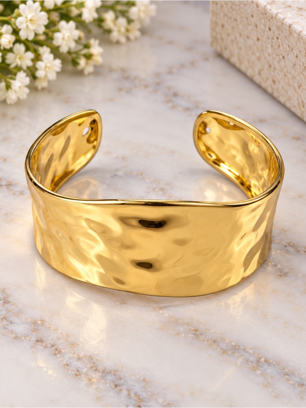 Hammered Gold Wide Cuff Bracelet — Polished Statement Bangle